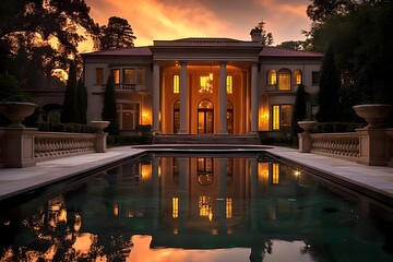 Luxury villa with swimming pool in the evening light.