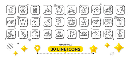 Winner reward, Leadership and Maggots line icons pack. 3d design elements. Worms, Timer, Yoga web icon. Fishing lure, Laureate medal, Sports arena pictogram. Vector