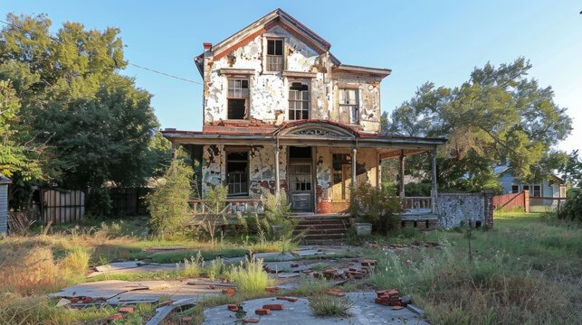 A run down house with a porch and a brick wall. The house is old and abandoned. The front porch is empty and the house is surrounded by trees