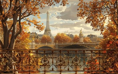 Autumn view of the Eiffel Tower from a bridge adorned with golden railings.