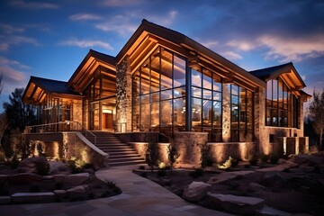 Modern wooden house at dusk. Panoramic view of the exterior.