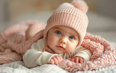 Baby in pink knitted hat lying on a soft blanket.
