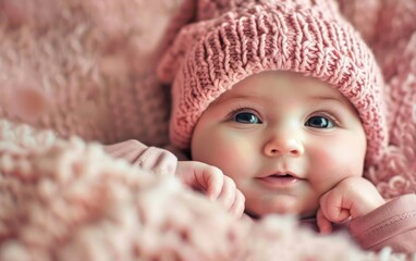 Baby in pink knitted hat lying on a soft blanket.