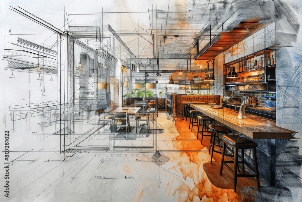 Fototapete a vibrant drawing of a restaurant with colorful tables and chairs, inviting guests to enjoy a meal i