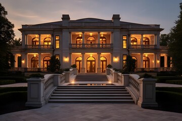A panoramic shot of a beautiful building in the evening.