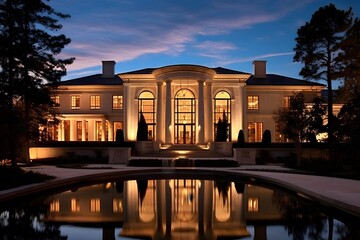 A panoramic view of a beautiful building in the twilight.