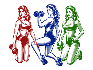 Naklejka premium pin-up girls performing various fitness activities, depicted in a vibrant tri-color style sketch engraving generative ai fictional character vector illustration. Scratch board imitation.