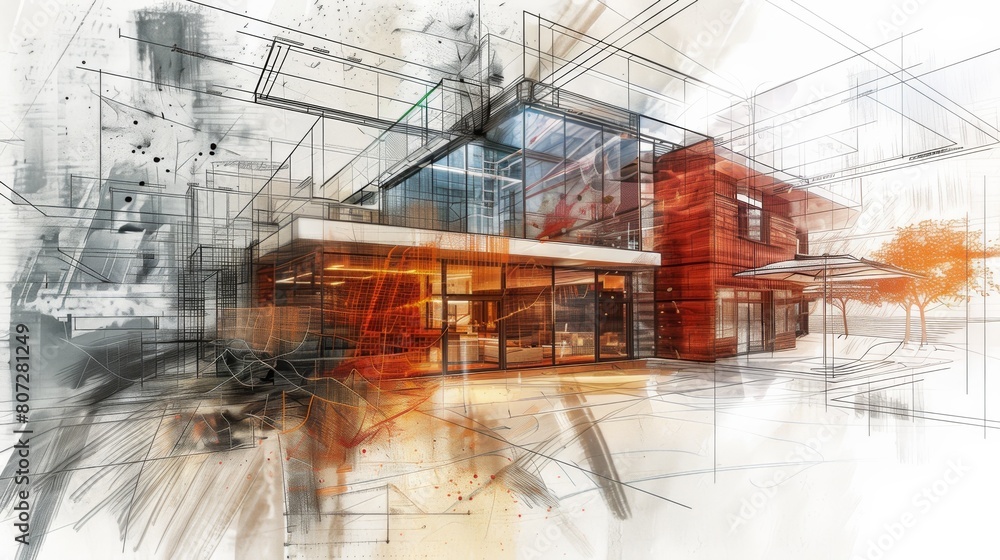 Poster detailed drawing of a building showcasing a complex network of lines, highlighting the precision and