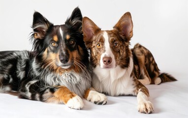 Bengal cat and Border Collie pose together against a white background.