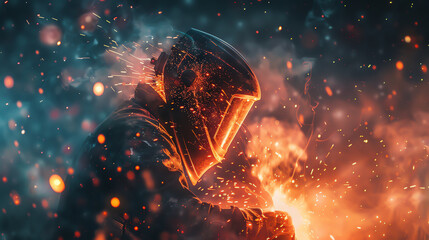 A man welding with sparks flying, highlighted against a stark, contrasting background of cool blues and hot oranges