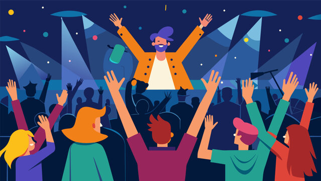 As the night goes on the crowd becomes more energized and passionate with some fans even dressing up as the artist for the occasion. Vector illustration
