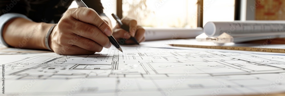 Poster a man meticulously works on a blueprint, cutting and refining details with a pair of scissors. the b
