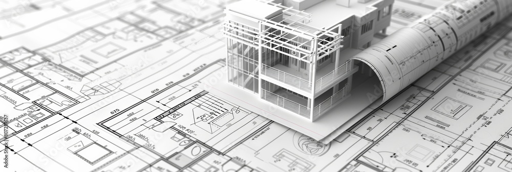 Poster a miniature model of a building sits majestically on top of a detailed blueprint, illustrating the p