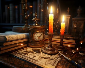 Old books, candlesticks and candles on the table in the dark