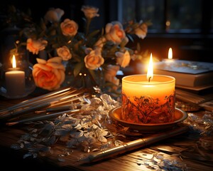 Burning candle on wooden table with books and flowers in dark room