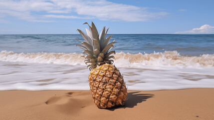 Ananas posé sur une belle plage paradisiaque. Fond de mer, océan. Fruit, nourriture. Sable, vague, été. Arrière-plan de flou, pour conception et création graphique.