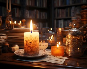 Old bookshelf with antique books and candles in the dark.