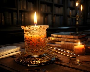 Candle in a candlestick on the background of books.