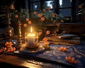 Burning candle on a table in a dark room with flowers.