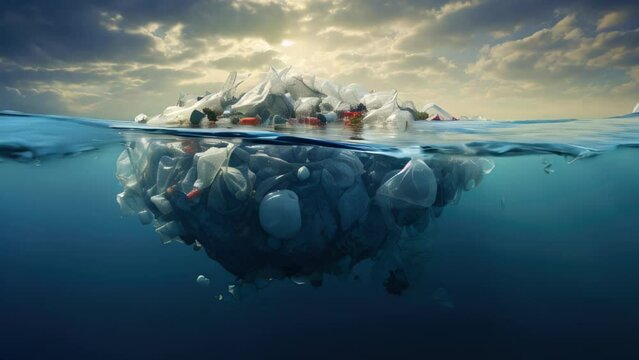 A large pile of plastic waste is floating in the ocean