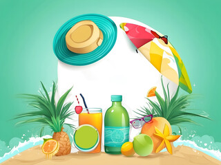 Hello summer vector banner design. Hello summer greeting in white circle for text with beach elements like beach ball, surfboard, hat, juice and sunglasses for summer vacation in green backgrounds.