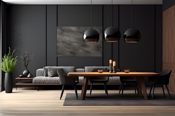 Modern interior design of apartment dining room with table and chairs
