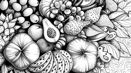 Black and white line drawing of a variety of fruits.