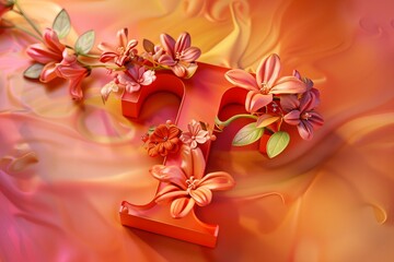 3D Render Letter T with Engraved Flowers on Orange Background
