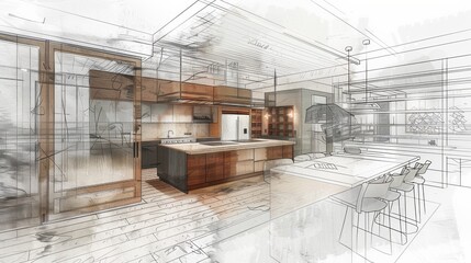 A detailed drawing of an inviting kitchen and dining room, showcasing modern appliances, cozy decor, and a harmonious layout. Generative AI