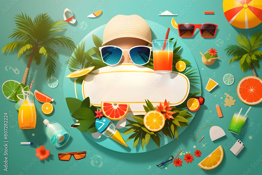 Fototapete hello summer vector banner design. hello summer greeting in white circle for text with beach element