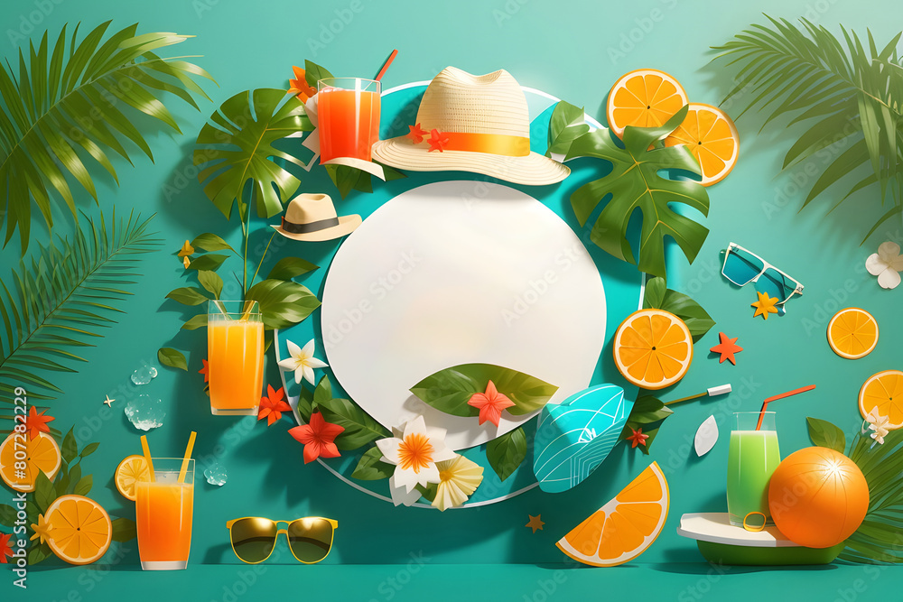 Fototapete hello summer vector banner design. hello summer greeting in white circle for text with beach element