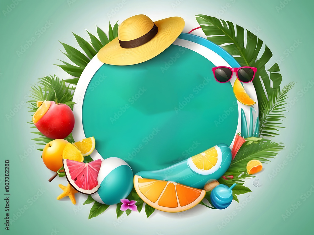 Fototapete hello summer vector banner design. hello summer greeting in white circle for text with beach element