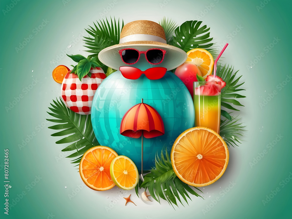 Fototapete hello summer vector banner design. hello summer greeting in white circle for text with beach element