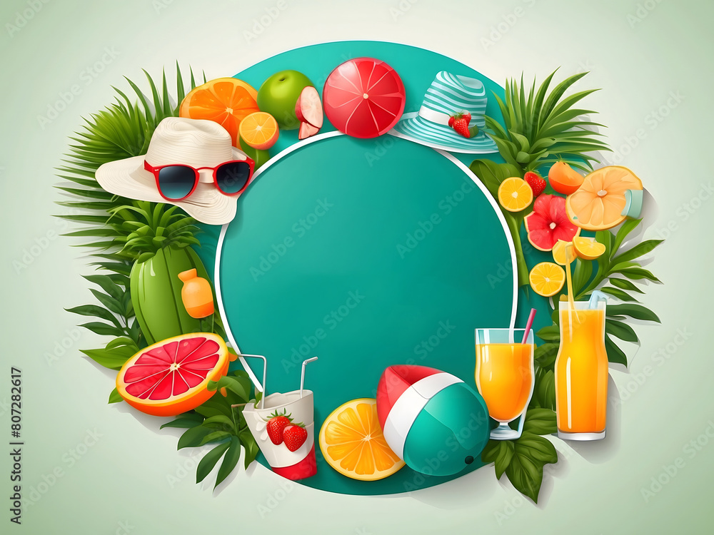 Fototapete hello summer vector banner design. hello summer greeting in white circle for text with beach element