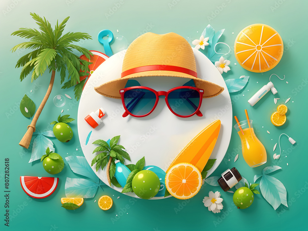 Fototapete hello summer vector banner design. hello summer greeting in white circle for text with beach element