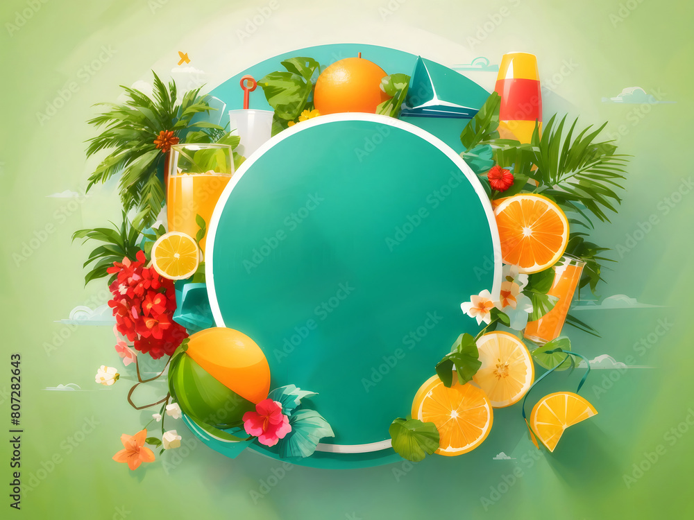 Fototapete hello summer vector banner design. hello summer greeting in white circle for text with beach element