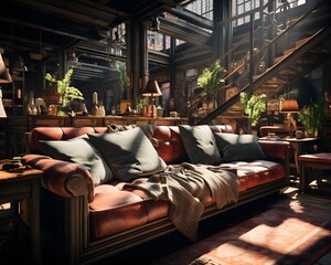 3D rendering of an industrial interior with a sofa and armchairs