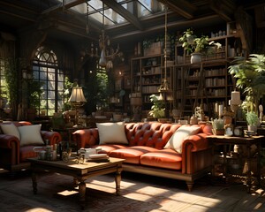 Interior of a cozy house with red sofa and bookshelf