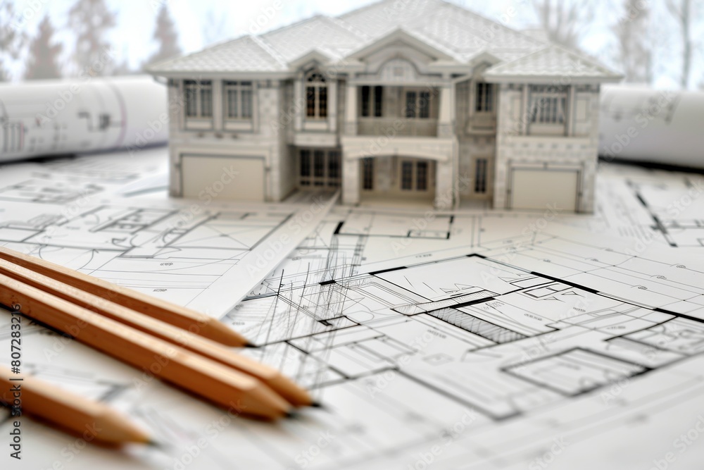 Poster a house stands on top of a blueprint surrounded by pencils, showcasing a blend of architecture and a