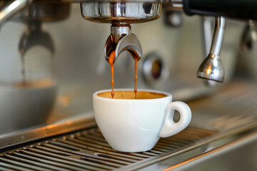 Espresso coffee machine pours espresso coffee into a white cup