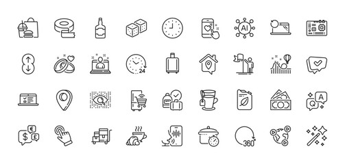 Video conference, Adhesive tape and Tea line icons pack. AI, Question and Answer, Map pin icons. Cursor, Clock, Approved web icon. Inventory cart, Canister, Web lectures pictogram. Vector
