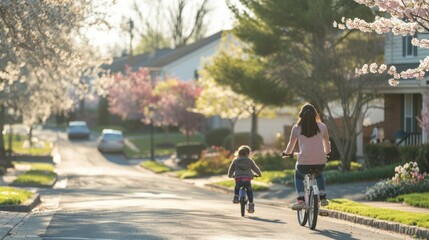 Mother and Child Biking in Blossoming Suburb