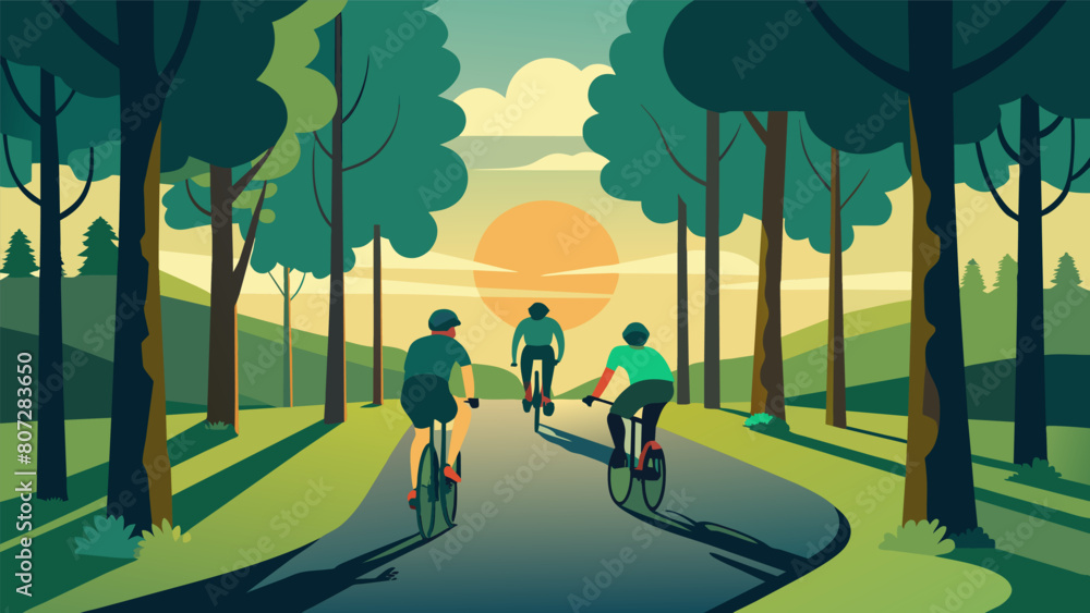 Poster sunlight filters through the trees as a group of cyclists make their way down a quiet treelined aven