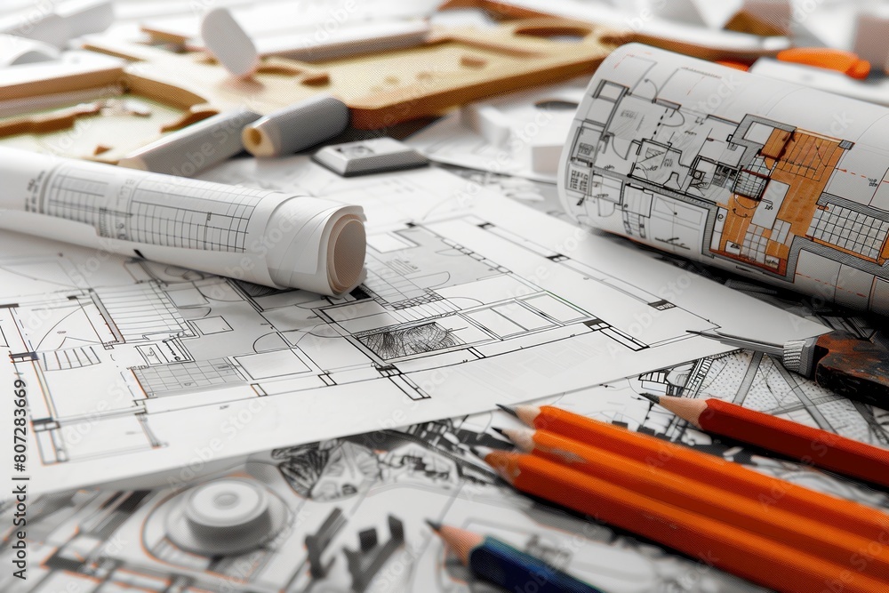 Poster a table adorned with intricate architectural drawings and various pencils, showcasing the creative p