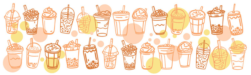 Hand drawn bubble milk tea set with cute doodle decoration. Boba milk tea and yummy drinks illustration. Cold tea. Realistic. Orange vector illustration. 