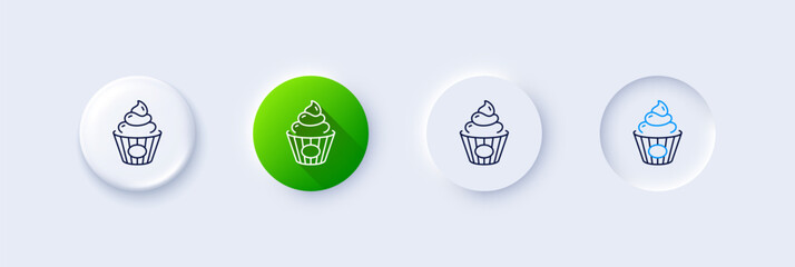 Cake line icon. Neumorphic, Green gradient, 3d pin buttons. Birthday cupcake sign. Dessert food symbol. Line icons. Neumorphic buttons with outline signs. Vector