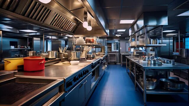 A large kitchen with stainless steel appliances and a blue tile floor