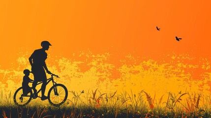 Obraz premium Father's Day illustration with a father and son silhouette biking