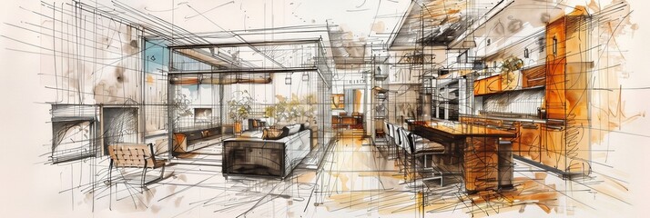 Fototapeta premium A detailed drawing showcasing a luxurious living room and kitchen with stylish furniture, elegant decor, and open layout design. Generative AI