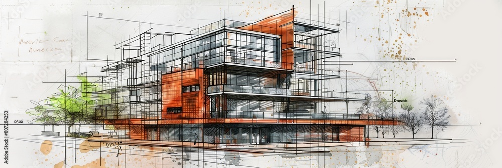 Poster a vibrant drawing of a building boasting an array of windows, exuding light and life. each window te